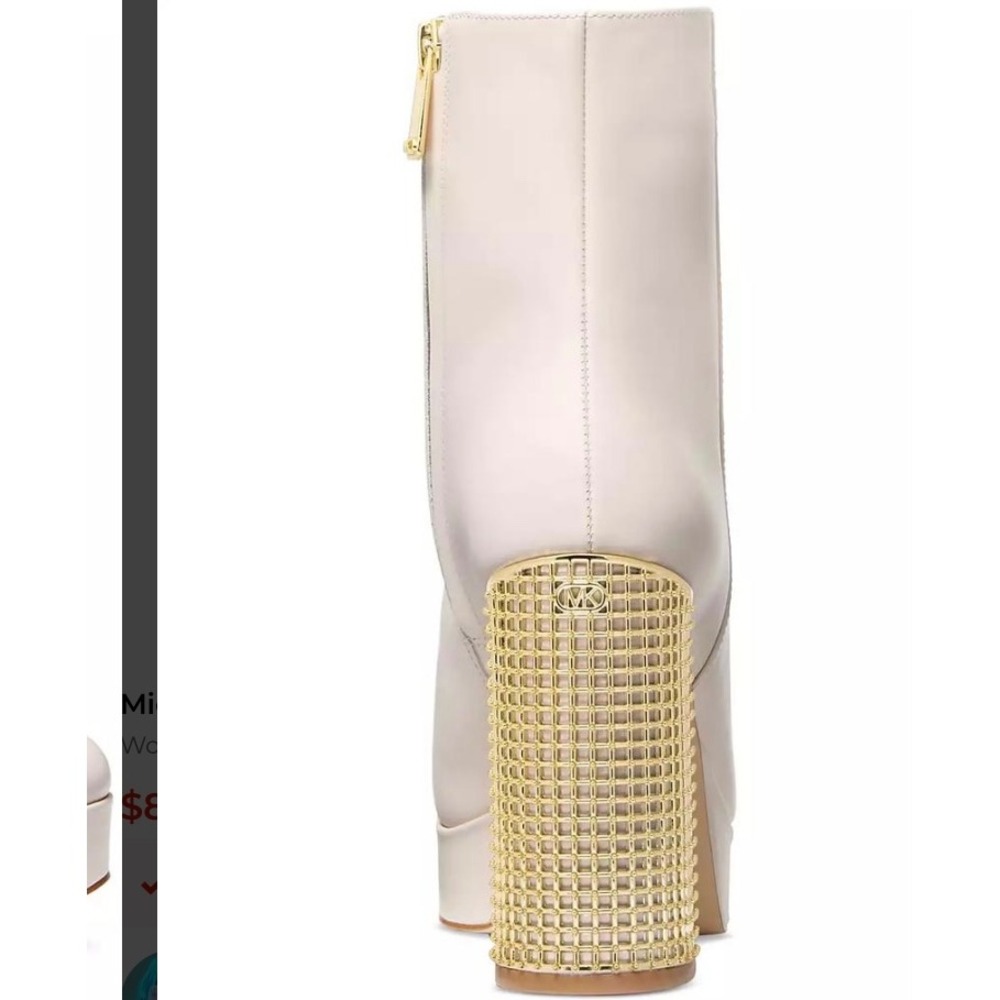 Michael Kors Maxine Platform Bootie Light Cream Leather Gold Cage 9.5 - Picture 2 of 11